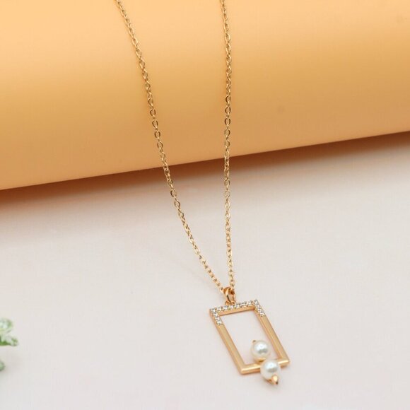 Geometric Pearl Drop Rose Gold Necklace, XPNL0212 - Picture 7 of 13